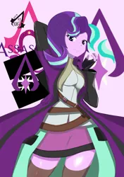 Size: 739x1052 | Tagged: safe, artist:holo, derpibooru import, starlight glimmer, equestria girls, assassin, assassin's creed, clothes, crossover, cute, female, glimmerbetes, looking at you, miniskirt, skirt, smiling, socks, solo, thigh highs, zettai ryouiki