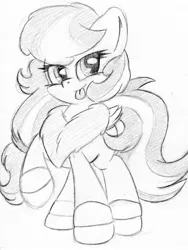 Size: 1513x2016 | Tagged: safe, artist:zemer, derpibooru import, oc, oc:feather belle, pony, chest fluff, cuffs (clothes), monochrome, tongue out, traditional art