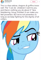 Size: 584x856 | Tagged: safe, derpibooru import, rainbow dash, pony, daring don't, meta, screenshots, smiling, smirk, twitter