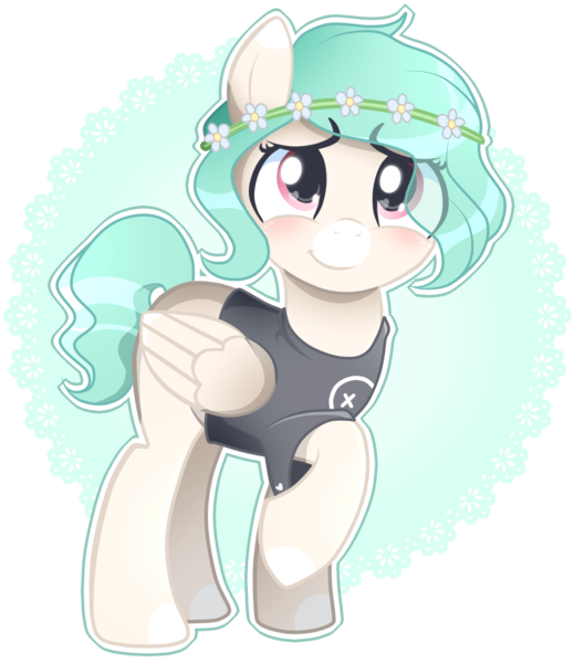 Size: 1200x1387 | Tagged: safe, artist:ilikepony, artist:scarmmetry, derpibooru import, oc, oc:snap happy, unofficial characters only, pegasus, pony, base used, blaze (coat marking), clothes, cute, female, floral head wreath, flower, mare, ocbetes, raised hoof, shirt, simple background, smiling, solo, t-shirt, transparent background