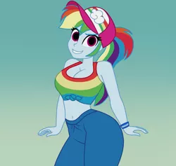 Size: 1900x1800 | Tagged: dead source, suggestive, artist:mashoart, derpibooru import, rainbow dash, equestria girls, equestria girls series, spring breakdown, spoiler:eqg series (season 2), belly button, big breasts, breasts, busty rainbow dash, cleavage, clothes, curvy, female, front knot midriff, hat, looking at you, midriff, no catchlights, sexy, smiling, solo, solo female, stupid sexy rainbow dash, wristband