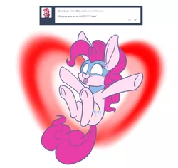 Size: 1280x1209 | Tagged: safe, artist:heir-of-rick, derpibooru import, pinkie pie, earth pony, pony, ask, chalkzone, female, heart, impossibly large ears, mare, mask, snap (chalkzone), snaponka, snappy pie, solo, tongue out, tumblr, underhoof