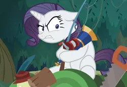 Size: 1338x922 | Tagged: safe, derpibooru import, screencap, mean rarity, rarity, pony, the mean 6, clone, female, fishing rod, flashlight (object), greedity, hoard, lantern, looking at you, mallet, saw, sitting, wavy mouth