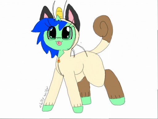 Size: 512x387 | Tagged: safe, artist:chillywilly, derpibooru import, oc, oc:chilly willy, meowth, pony, unicorn, clothes, onesie, pajamas, pokémon, simple background