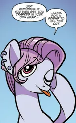 Size: 387x623 | Tagged: safe, artist:kate sherron, derpibooru import, idw, pixie cut (idw), earth pony, pony, spoiler:comic, spoiler:comic74, comic, cropped, dialogue, faic, female, mare, one eye closed, solo, tongue out, underhoof