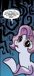 Size: 330x727 | Tagged: safe, artist:kate sherron, derpibooru import, idw, pixie cut (idw), earth pony, pony, spoiler:comic, spoiler:comic74, comic, cropped, dialogue, female, mare, solo, stressed, underhoof