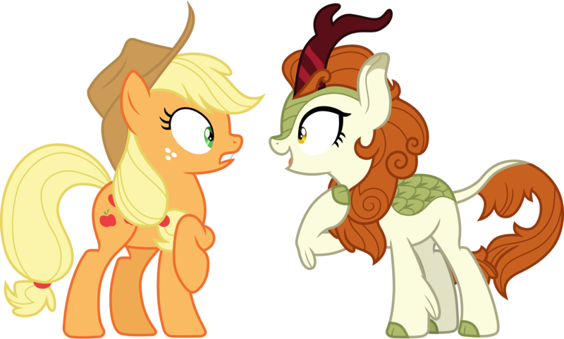 Size: 4988x3000 | Tagged: safe, artist:cloudyglow, derpibooru import, applejack, autumn blaze, earth pony, kirin, pony, sounds of silence, .ai available, applejack's hat, clothes, cloven hooves, colored hooves, cowboy hat, duo, female, freckles, hat, looking at each other, mare, simple background, transparent background, vector