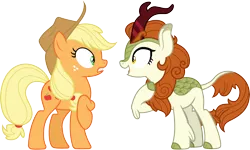 Size: 4988x3000 | Tagged: safe, artist:cloudyglow, derpibooru import, applejack, autumn blaze, earth pony, kirin, pony, sounds of silence, .ai available, applejack's hat, clothes, cloven hooves, colored hooves, cowboy hat, duo, female, freckles, hat, looking at each other, mare, simple background, transparent background, vector