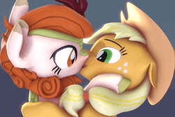 Size: 720x480 | Tagged: safe, artist:fishimira, derpibooru import, applejack, autumn blaze, earth pony, kirin, pony, sounds of silence, 3d, animated, applejack's hat, autumnjack, clothes, cowboy hat, drool, drool string, ear twitch, eye contact, female, females only, floppy ears, freckles, french kiss, gif, hat, image, kissing, lesbian, looking at each other, making out, mare, quadrupedal, shipping, source filmmaker