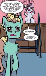 Size: 404x661 | Tagged: safe, artist:kate sherron, derpibooru import, idw, pixie cut (idw), zephyr breeze, earth pony, pegasus, pony, spoiler:comic, spoiler:comic74, comic, cropped, dialogue, duo, female, male, mare, stage, stallion, walking away