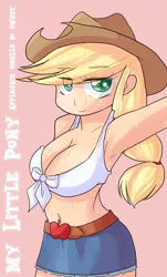 Size: 900x1490 | Tagged: suggestive, artist:アルカリ土類金属, derpibooru import, applejack, equestria girls, applejack's hat, armpits, belly button, belt, big breasts, breasts, busty applejack, clothes, cowboy hat, denim skirt, female, freckles, hat, human coloration, looking at you, miniskirt, pink background, sexy, simple background, skirt, smiling, solo, stetson, sweat