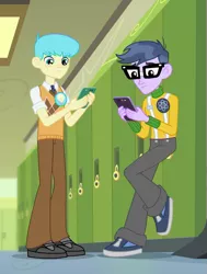 Size: 559x741 | Tagged: safe, derpibooru import, screencap, bright idea, microchips, equestria girls, equestria girls series, overpowered (equestria girls), background human, clothes, glasses, lockers, male, mobile phone, pants, phone, shoes, smartphone, sneakers, texting