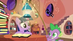 Size: 2880x1616 | Tagged: safe, derpibooru import, screencap, spike, twilight sparkle, dragon, firefly (insect), insect, pony, unicorn, spike at your service, book, duo, female, firefly lamp, golden oaks library, lantern, male, mare, night, open book, reading, stairs, telescope, unicorn twilight