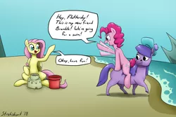 Size: 1630x1091 | Tagged: safe, artist:strebiskunk, derpibooru import, fluttershy, pinkie pie, earth pony, kelpie, pegasus, pony, andrea libman, beach, bramble (duck tales), comic, crossover, dialogue, duck tales, duck tales 2017, female, horse riding a horse, riding, sand castle, seaside, speech bubble, this will end in death, this will end in pinkie antics, this will not end well, voice actor joke