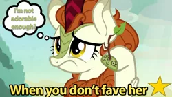 Size: 1280x720 | Tagged: autumn blaze, autumn blaze's puppet, awwtumn blaze, bronybait, cloven hooves, cute, derpibooru import, edit, edited screencap, editor:the dreaded, female, kirin, sad, safe, screencap, solo, sounds of silence, spoiler:s08, text, twig