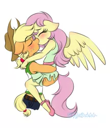 Size: 975x1131 | Tagged: safe, artist:tylerdashart, derpibooru import, applejack, fluttershy, anthro, earth pony, pegasus, applejack's hat, appleshy, blushing, carrying, clothes, cowboy hat, dress, eyes closed, female, floppy ears, freckles, hat, hug, kissing, lesbian, midriff, shipping, shirt, shoes, short shirt, simple background, skirt, stetson, white background