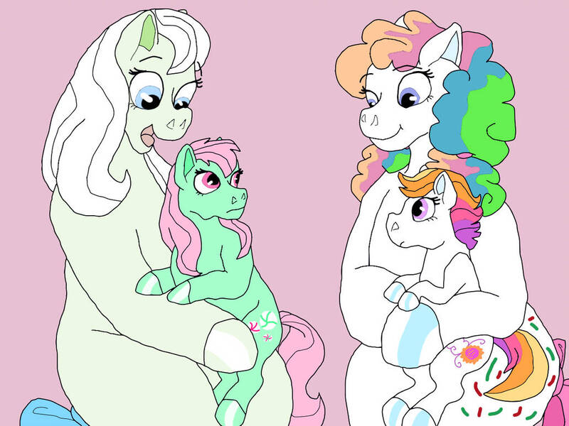 Size: 1032x774 | Tagged: artist:honeytediz, bow, confetti (g1), dawwww, derpibooru import, female, g1, g1 to g3, g3, generation leap, minty, minty (g1), mother and child, mother and daughter, parent:confetti, parent:minty, rainbow ponies, safe, sunny daze (g3), tail bow