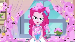 Size: 1920x1080 | Tagged: safe, derpibooru import, screencap, pinkie pie, equestria girls, equestria girls series, the craft of cookies, spoiler:eqg series (season 2), apron, bedroom eyes, clothes, cute, diapinkes, dress, food, frosting, geode of sugar bombs, kitchen, lidded eyes, looking at you, magical geodes, solo