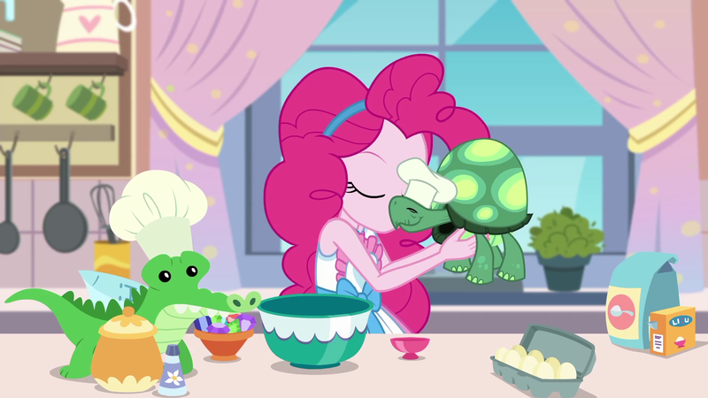 Size: 1920x1080 | Tagged: safe, derpibooru import, screencap, gummy, pinkie pie, tank, equestria girls, equestria girls series, the craft of cookies, spoiler:eqg series (season 2), apron, baking powder, bowl, chef's hat, clothes, egg, flour, hat, kiss on the cheek, kissing, kitchen, platonic kiss, plushie