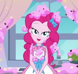 Size: 1135x1079 | Tagged: safe, derpibooru import, screencap, pinkie pie, equestria girls, equestria girls series, the craft of cookies, spoiler:eqg series (season 2), apron, clothes, cropped, dress, female, food, frosting, geode of sugar bombs, lidded eyes, looking at you, magical geodes, open mouth, out of context, picture, smiling, window
