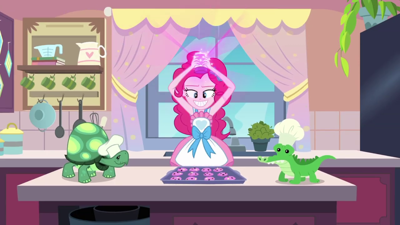 Size: 1280x720 | Tagged: safe, derpibooru import, screencap, gummy, pinkie pie, tank, tortoise, equestria girls, equestria girls series, the craft of cookies, spoiler:eqg series (season 2), apron, baking, baking sheet, chef's hat, clothes, cookie, food, hat, kitchen, smiling, sprinkles, this will end in explosions