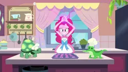 Size: 1280x720 | Tagged: safe, derpibooru import, screencap, gummy, pinkie pie, tank, tortoise, equestria girls, equestria girls series, the craft of cookies, spoiler:eqg series (season 2), apron, baking, baking sheet, chef's hat, clothes, cookie, food, hat, kitchen, smiling, sprinkles, this will end in explosions