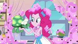 Size: 1920x1080 | Tagged: safe, derpibooru import, screencap, pinkie pie, tank, tortoise, equestria girls, equestria girls series, the craft of cookies, spoiler:eqg series (season 2), apron, clothes, dress, food, frosting, geode of sugar bombs, kitchen, magical geodes, solo