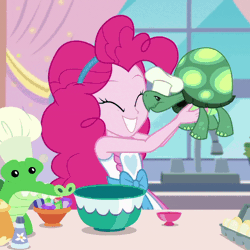 Size: 800x800 | Tagged: safe, derpibooru import, screencap, gummy, pinkie pie, tank, equestria girls, equestria girls series, the craft of cookies, spoiler:eqg series (season 2), animated, apron, bowl, chef's hat, clothes, cropped, cute, diapinkes, egg, egg (food), floating heart, food, gif, hat, heart, how, kiss on the cheek, kissing, kitchen, love, platonic kiss, plushie