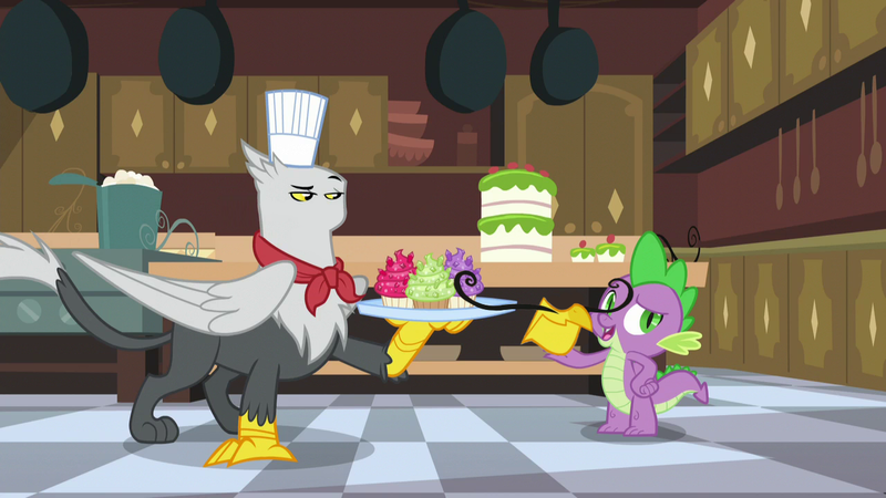 Size: 1280x720 | Tagged: safe, derpibooru import, edit, edited screencap, screencap, gustave le grande, spike, dragon, gryphon, princess spike (episode), beak, beakless, cartoon physics, cupcake, food, got your nose, i have no mouth and i must scream, modular, no mouth, wat