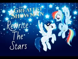 Size: 480x360 | Tagged: safe, derpibooru import, rainbow dash, soarin', pony, female, male, rewrite the stars, shipping, soarindash, straight, text, the greatest showman