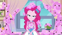 Size: 1920x1080 | Tagged: safe, derpibooru import, screencap, pinkie pie, equestria girls, equestria girls series, the craft of cookies, spoiler:eqg series (season 2), animation error, apron, bedroom eyes, clothes, cute, diapinkes, dress, food, frosting, geode of sugar bombs, kitchen, lidded eyes, magical geodes, solo