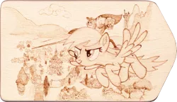 Size: 2780x1600 | Tagged: aerial view, armor, artist:malte279, bird's eye view, canterlot, craft, derpibooru import, derpy hooves, flight, knight, lance, ponyville, pyrography, safe, spike, traditional art, weapon