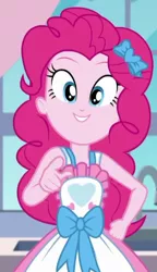 Size: 322x560 | Tagged: safe, derpibooru import, screencap, pinkie pie, equestria girls, equestria girls series, the craft of cookies, spoiler:eqg series (season 2), apron, clothes, cropped, cute, diapinkes, female, grin, kitchen, looking at you, pointing, pointing at you, smiling, solo