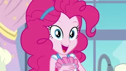 Size: 1280x720 | Tagged: safe, derpibooru import, screencap, pinkie pie, equestria girls, equestria girls series, the craft of cookies, spoiler:eqg series (season 2), cute, diapinkes, looking at you, open mouth, solo