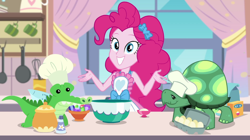 Size: 1280x720 | Tagged: safe, derpibooru import, screencap, gummy, pinkie pie, tank, equestria girls, equestria girls series, the craft of cookies, spoiler:eqg series (season 2), apron, clothes, cute, diapinkes, egg (food), food, gemstones, kitchen, looking at you, vanilla extract