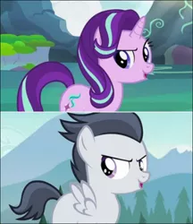 Size: 522x605 | Tagged: safe, derpibooru import, screencap, rumble, starlight glimmer, pegasus, pony, marks and recreation, to change a changeling, >:), colt, comparison, evil grin, female, grin, male, smiling, smirk