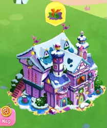 Size: 519x621 | Tagged: safe, derpibooru import, pony, the hearth's warming club, building, christmas, gameloft, holiday, limited-time story, school of friendship, snow, the anonymous campsite