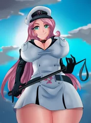 Size: 895x1200 | Tagged: suggestive, artist:thebrokencog, derpibooru import, fluttershy, bat pony, human, akame ga kill!, anime, big breasts, breasts, busty fluttershy, cap, cleavage, clothes, cloud, esdeath, evening gloves, female, femdom, flutterbat, flutterdom, general, gloves, hat, huge breasts, humanized, long gloves, looking at you, low angle, offscreen character, out of character, pov, race swap, sexy, sky, smiling, solo, solo female, stupid sexy fluttershy, submissive pov, sun, thick, thighs, thunder thighs, whip