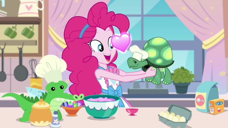 Size: 1280x720 | Tagged: safe, derpibooru import, screencap, gummy, pinkie pie, tank, equestria girls, equestria girls series, the craft of cookies, spoiler:eqg series (season 2), chef's hat, egg (food), floating heart, food, hat, heart, kiss on the cheek, kissing, kitchen, platonic kiss