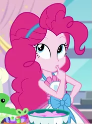 Size: 387x524 | Tagged: safe, derpibooru import, screencap, gummy, pinkie pie, equestria girls, equestria girls series, the craft of cookies, spoiler:eqg series (season 2), apron, clothes, cropped, cute, diapinkes, female, finger in mouth, kitchen