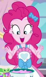 Size: 330x550 | Tagged: safe, derpibooru import, screencap, pinkie pie, equestria girls, equestria girls series, the craft of cookies, spoiler:eqg series (season 2), apron, clothes, cropped, cute, diapinkes, happy