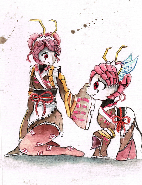 Size: 2409x3141 | Tagged: safe, artist:mashiromiku, derpibooru import, human, hybrid, pony, spider, antennae, clothes, disguise, duo, entoma, female, kimono (clothing), mare, mask, overlord, self ponidox, simple background, traditional art, watercolor painting, white background, wingding eyes