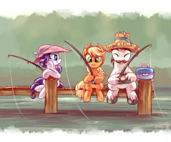 Size: 2300x1900 | Tagged: safe, artist:whitediamonds, derpibooru import, applejack, hondo flanks, rarity, pony, bedroom eyes, cute, daydream, dreamy, eyes closed, father's day, female, fishing, fishing rod, hat, jackabetes, lesbian, male, mare, pier, raribetes, rarijack, rarijack daily, shipping, smiling, stallion, water