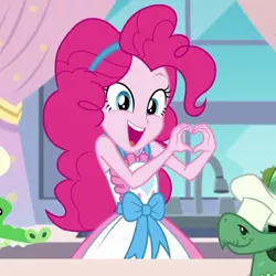 Size: 868x868 | Tagged: safe, derpibooru import, screencap, gummy, pinkie pie, tank, tortoise, equestria girls, equestria girls series, the craft of cookies, spoiler:eqg series (season 2), apron, chef's hat, clothes, cropped, cute, diapinkes, happy, hat, heart hands, kitchen, looking at you, open mouth, smiling, solo