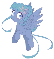 Size: 600x660 | Tagged: safe, artist:sinamuna, derpibooru import, oc, oc:maya(aika-nee), unofficial characters only, pegasus, pony, art trade, blue eyes, blue hair, blushing, female, flower, flying, ponified oc, purple body, simple background, smiling, solo, teal hair, transparent background, wings