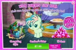 Size: 1155x760 | Tagged: safe, derpibooru import, official, coral currents, earth pony, pony, the hearth's warming club, advertisement, baby, baby pony, costs real money, crack is cheaper, female, filly, game, game screencap, gameloft, gem, implied sandbar, present, sale