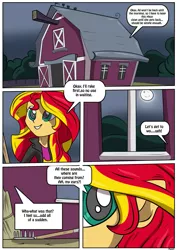 Size: 905x1280 | Tagged: safe, artist:rex-equinox, derpibooru import, sunset shimmer, were-pony, comic:neighing after sunset, equestria girls, applejack's barn, barn, comic, human to horse, solo, transformation, werehorse