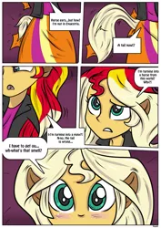 Size: 905x1280 | Tagged: safe, artist:rex-equinox, derpibooru import, sunset shimmer, were-pony, comic:neighing after sunset, equestria girls, applejack's barn, barn, comic, human to horse, solo, transformation, werehorse, white hair