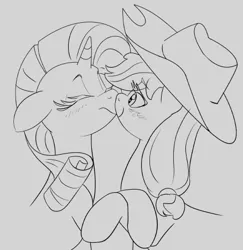 Size: 439x451 | Tagged: safe, artist:lockhe4rt, derpibooru import, applejack, rarity, earth pony, pony, unicorn, applejack's hat, blushing, boop, clothes, cowboy hat, cute, eyes closed, female, freckles, hat, jackabetes, kissing, lesbian, lineart, monochrome, noseboop, raribetes, rarijack, shipping