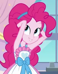 Size: 520x659 | Tagged: safe, derpibooru import, screencap, pinkie pie, equestria girls, equestria girls series, the craft of cookies, spoiler:eqg series (season 2), apron, armpits, clothes, cropped, cute, diapinkes, female, pinkie's magic hair, smiling, solo